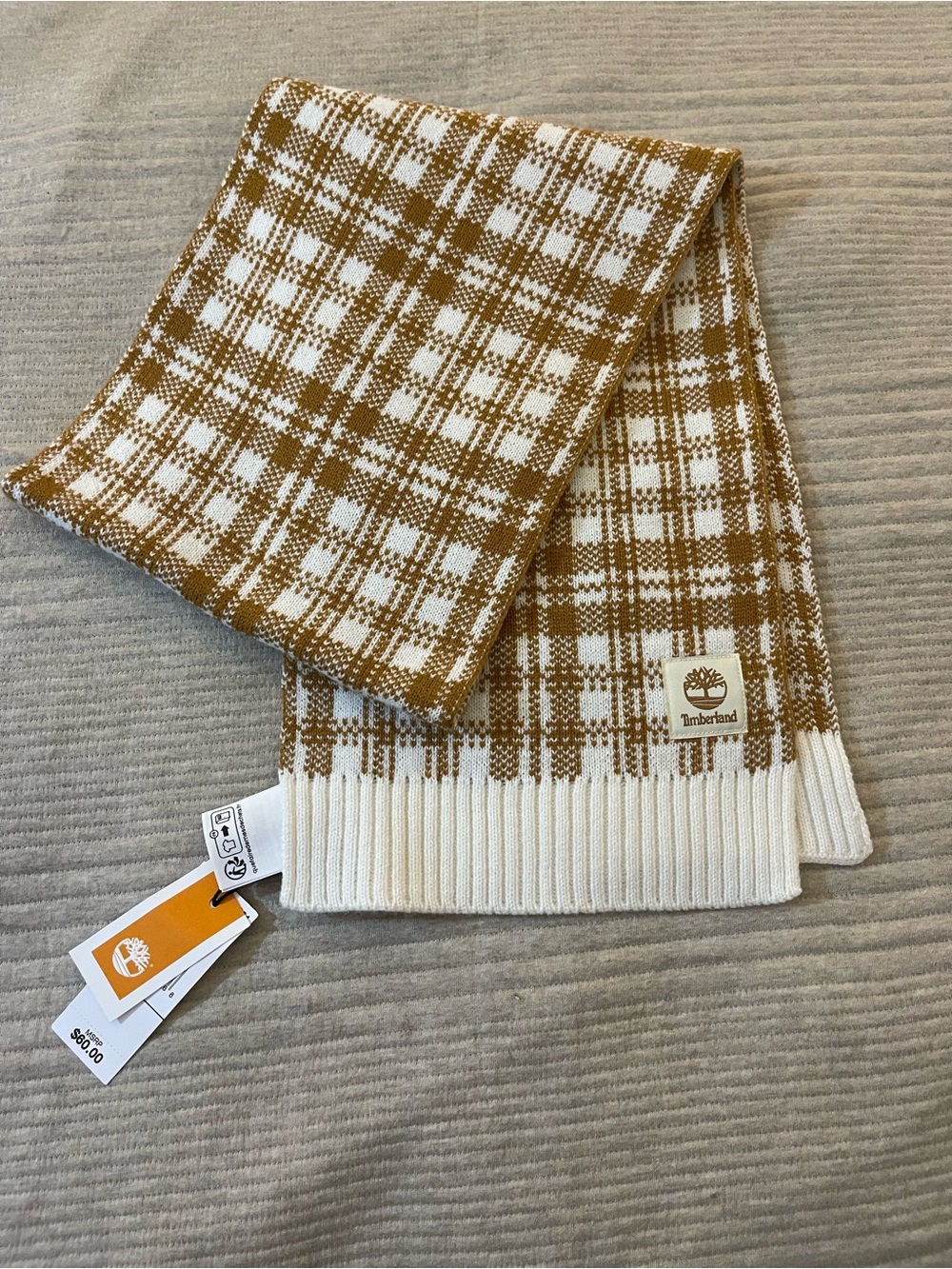 Timberland Knit Scarf Buffalo Plaid Wheat Beige Off-White NWT 10" x 66"